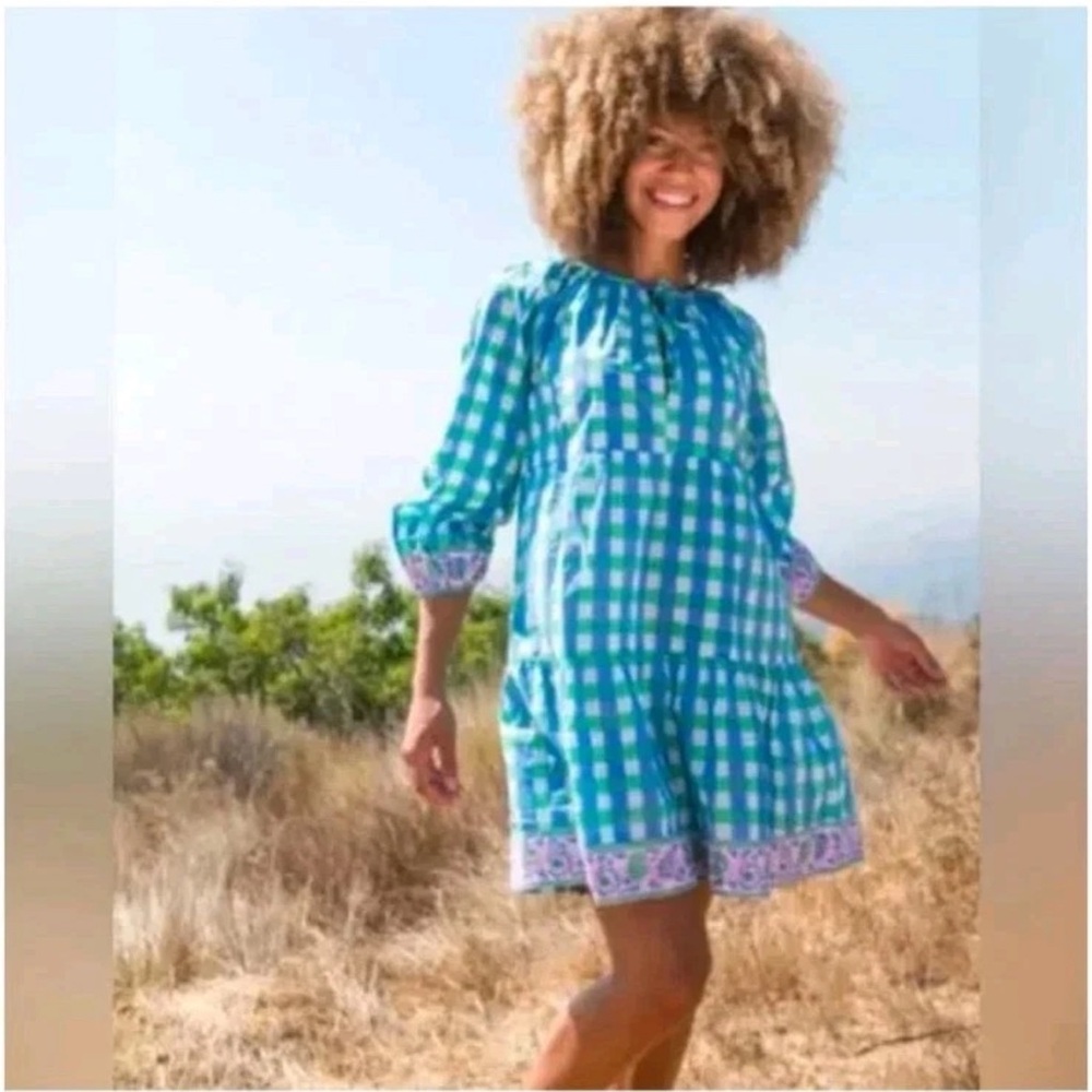 Tuckernuck SZ Blockprints  Green Blue Gingham Tiered Tie Neck Mini Dress